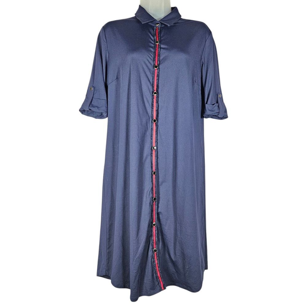 J. McLaughlin Dress sz L Navy Blue Button Knee Length Catalina Cloth Roll Sleeve